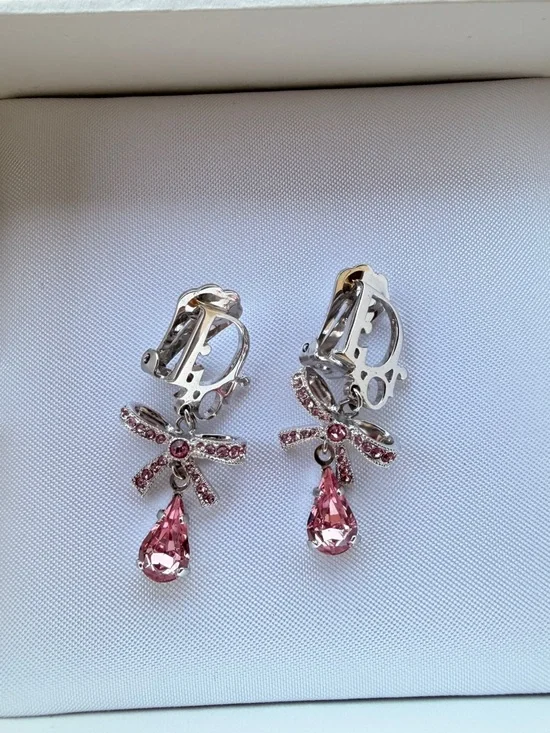 🌸 Dior Pink Bow Crystal Clip-On Earrings (with Box & Card) - Picture 3 of 5